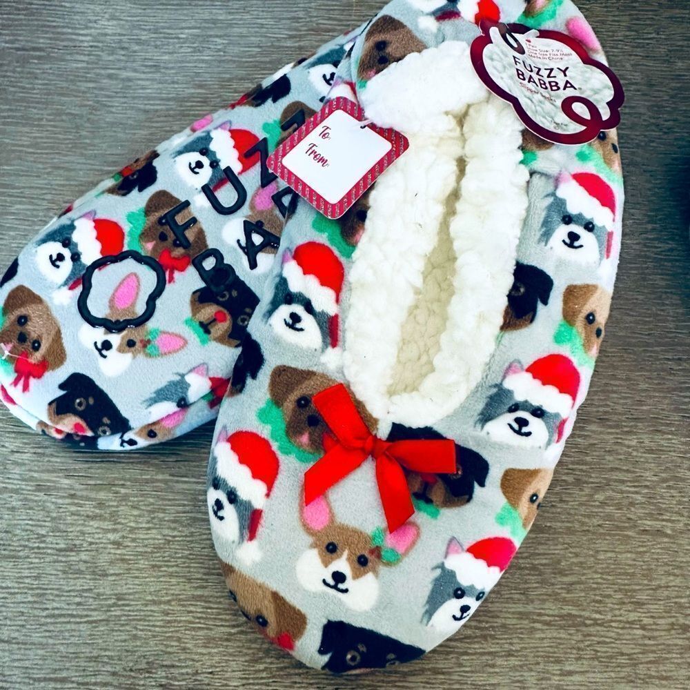 Plush Holiday Dog Face Sherpa Christmas Slippers House Shoes